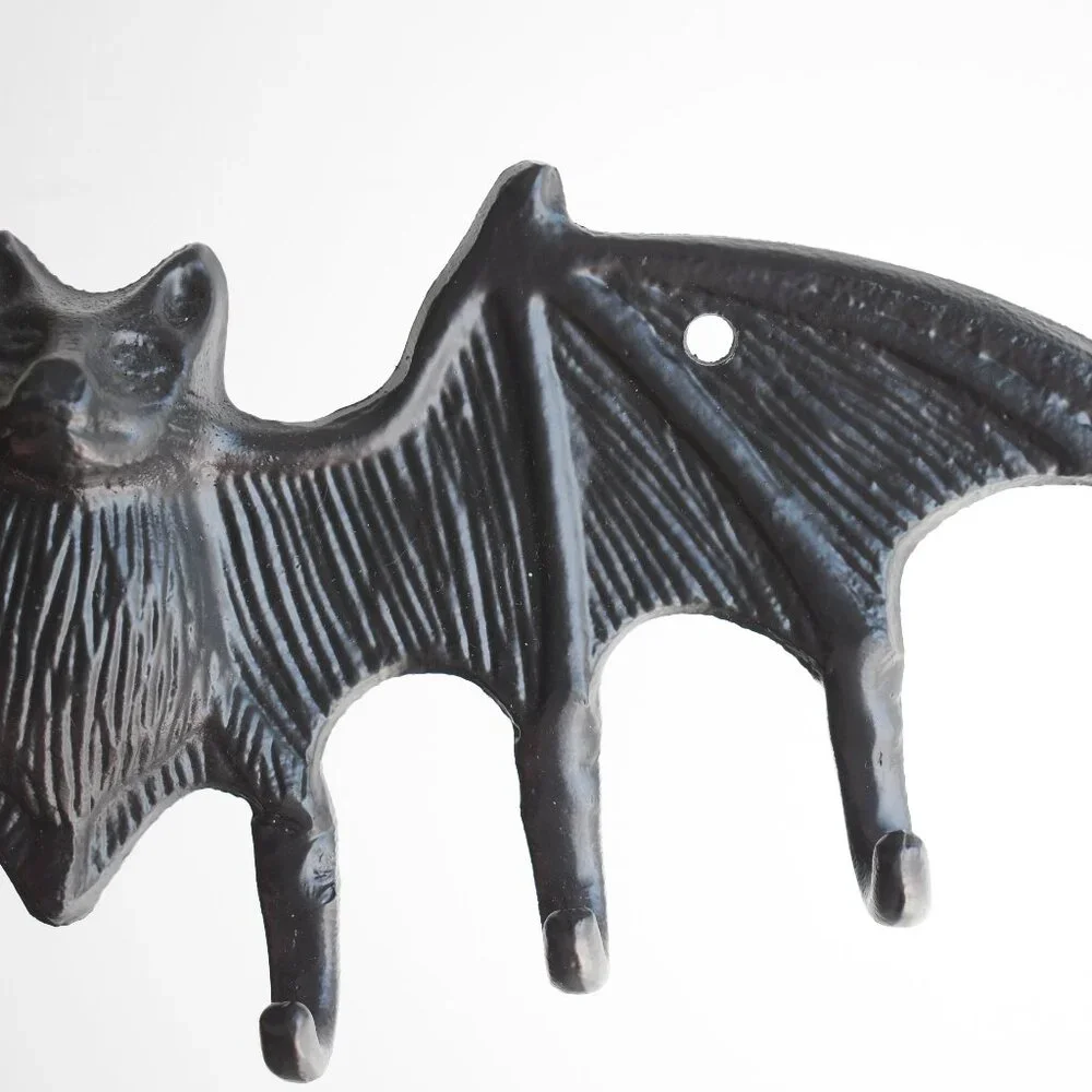 Large Rustic Gothic Black Cast Iron Metal Vampire Bat Hook Wall Halloween Decor